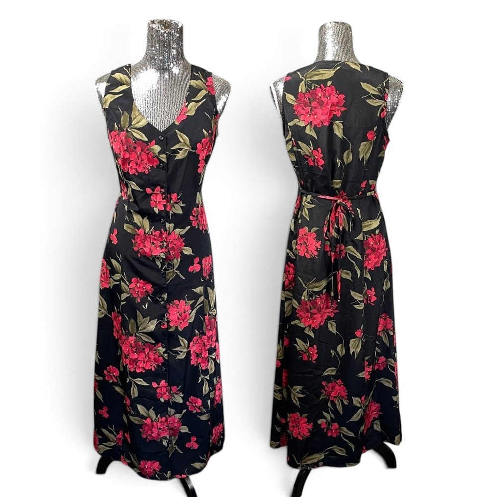 Vintage 90s Black Red Floral Tie Back Button Front Maxi Dress V-Neck Size 12